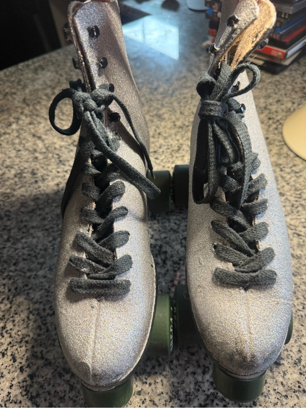 Women's Silver Glitter Roller Skates with Black Laces